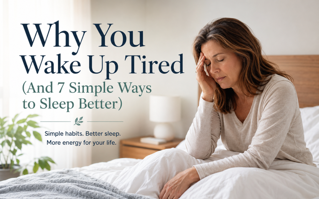 Woman sitting in bed feeling tired after waking up in a bright bedroom