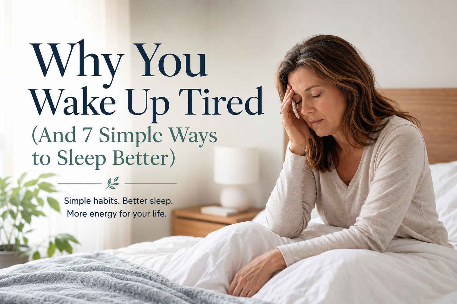 Woman sitting in bed feeling tired after waking up in a bright bedroom