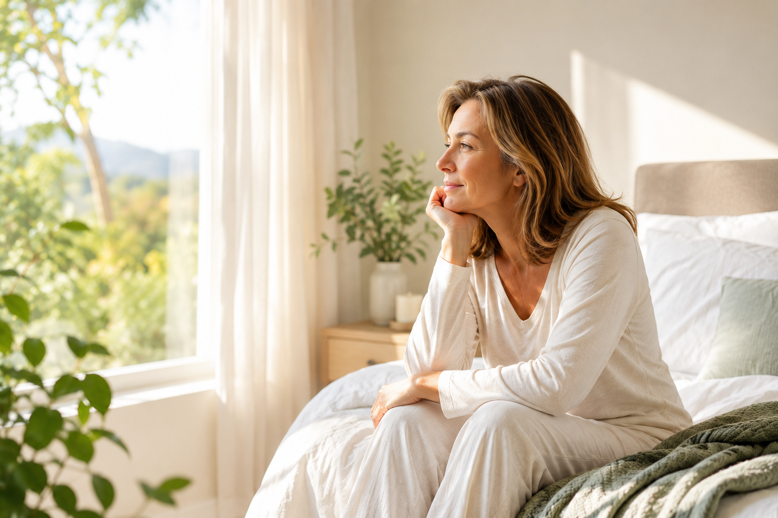 Woman waking up tired in a bright bedroom after a full night's sleep