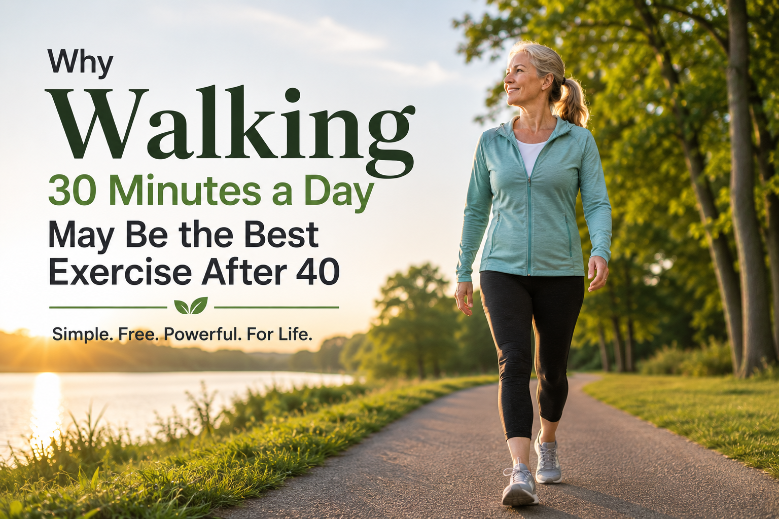 Walking after 40: woman enjoying a 30-minute walk in nature