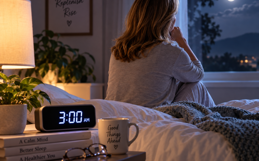 Woman who wakes up at 3 A.M. every night sitting awake on her bed looking through a moonlit window.