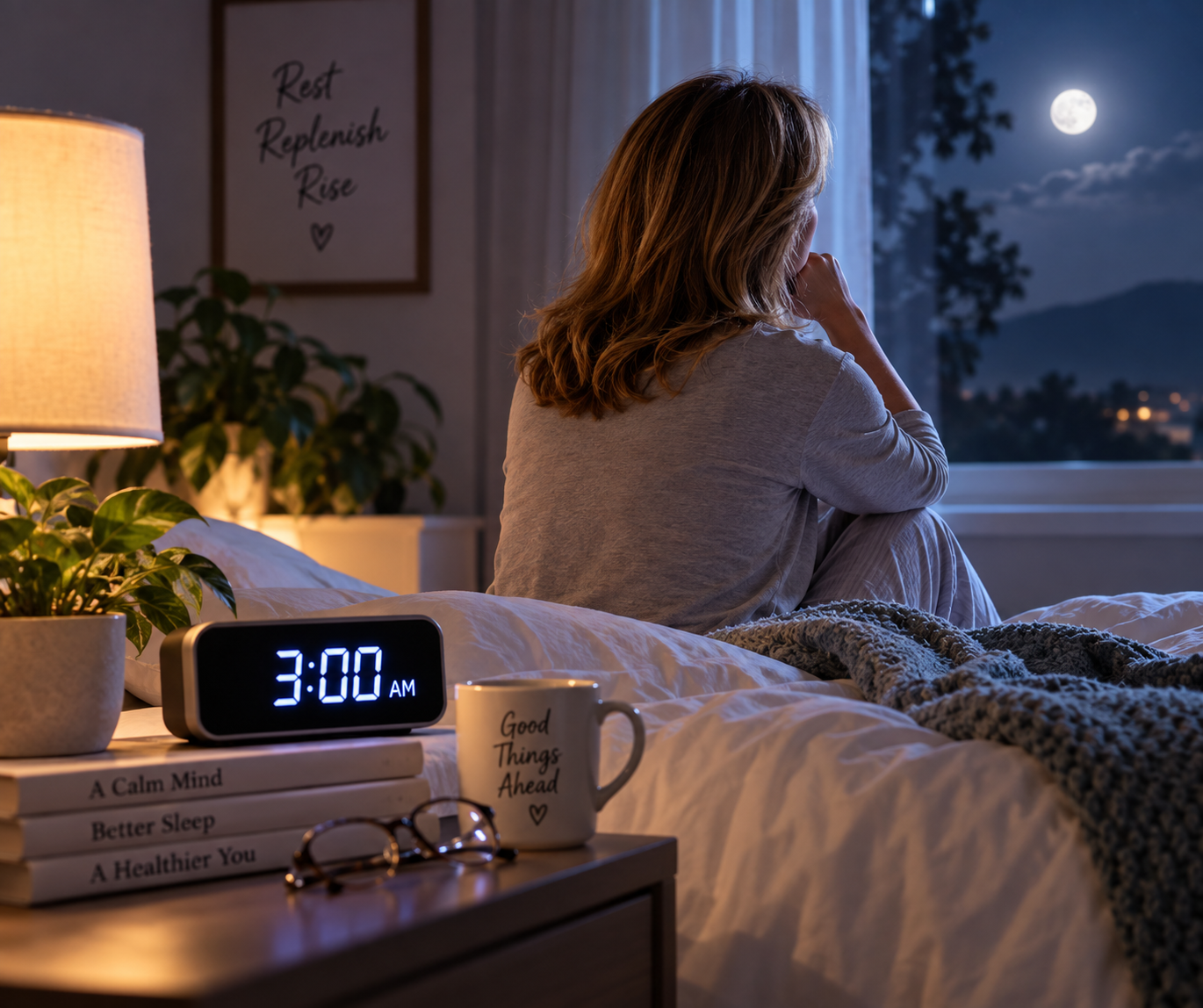 Woman who wakes up at 3 A.M. every night sitting awake on her bed looking through a moonlit window.