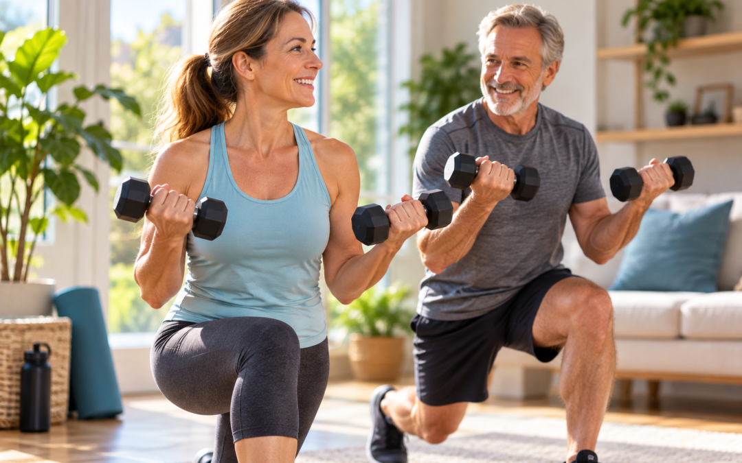 ouple practicing strength training after 40 with dumbbells at home