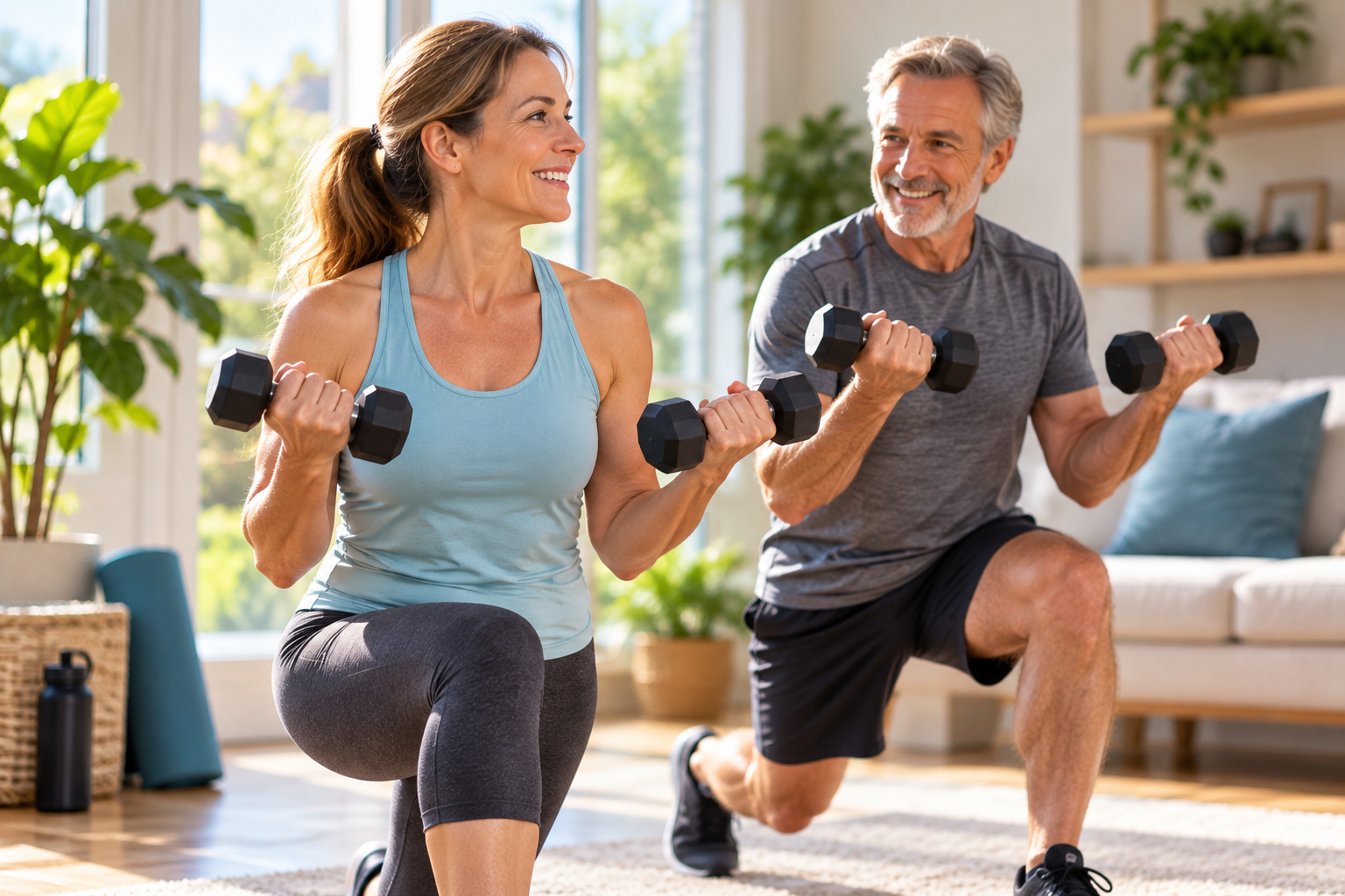 ouple practicing strength training after 40 with dumbbells at home